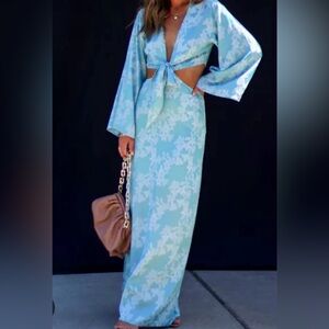 VICI Fern Cutout Tie Front Maxi Dress - Sage Blue